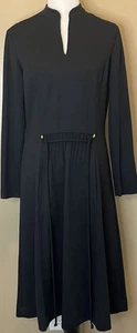 Vintage 70s Dress Long Sleeve Pleats Mandarin Stand-Up Collar Pockets  - Picture 1 of 4