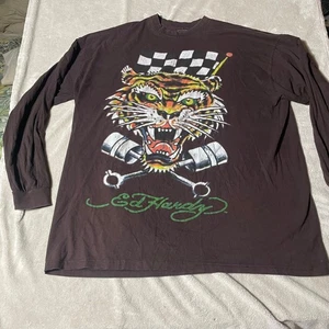 Ed Hardy Tiger Piston Graphic Long Sleeve T Shirt Brown Men's 4XL T121 - Picture 1 of 8
