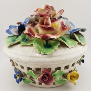 Capidimonte Bowl With Lid Flowers Pierced Basket Style Base Vintage 50s *Read * - Picture 1 of 17
