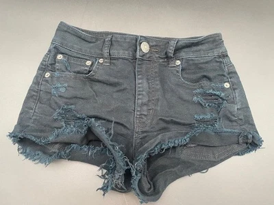 Pantalones cortos de jean American Eagle para mujer talla 0 calce elástico negros desgastados Foto 1 de 4