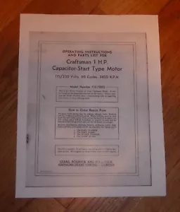 SEARS CRAFTSMAN 1 HP CONDENSADOR TIPO ARRANQUE MOTOR MANUAL DE PROPIETARIOS 113.19092 19092 - Imagen 1 de 1