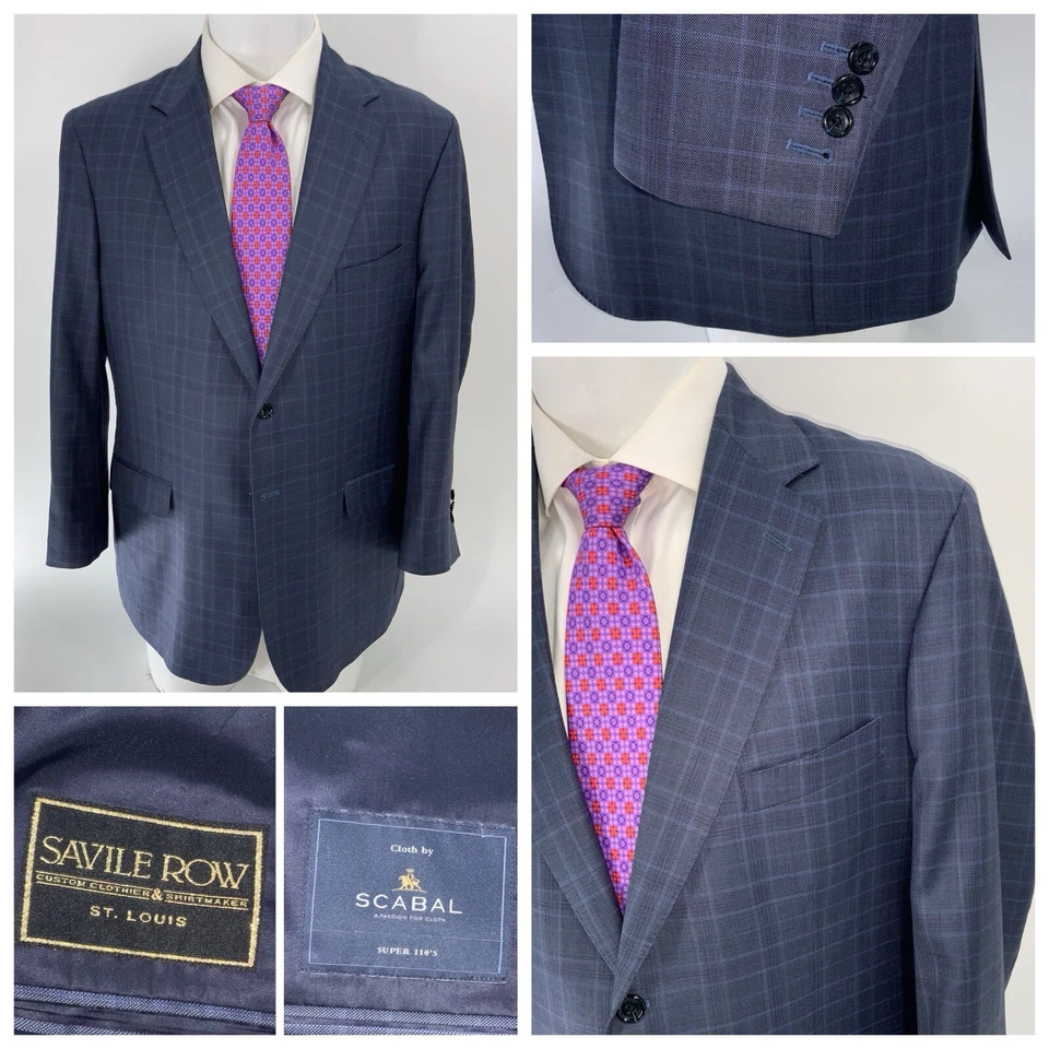 Savile Row Blazer Jacket 42R Navy Plaid SCABAL Super 110s Wool 2B 2V YGI W4-160 - Image 1 of 4