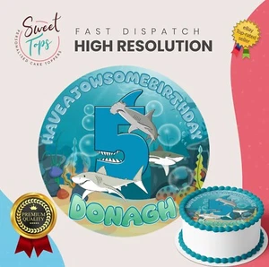 Großer weißer Hai personalisiert rund essbar Geburtstag Tortenaufleger Dekoration - Bild 1 von 7