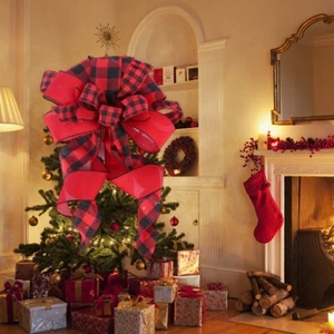 Bowknot Rustic Style Christmas Tree Topper Large Plaid Bow Wreath Ornament Xmas - Picture 1 of 14