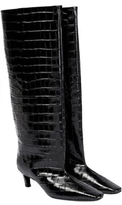 Beauty Cry Sz 8US Black Knee High Boots Crocodile Print Square Toe Low Heel - Picture 1 of 6