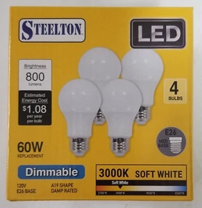 4 STEELTON 60-Watt A19 LED Soft White Dimmable 3000K 800 Lumen Light Bulbs - Picture 1 of 6