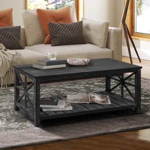 47 Inch Modern Coffee Table with Storage Shelf, Farmhouse Rectangle Center Table - Picture 1 of 12