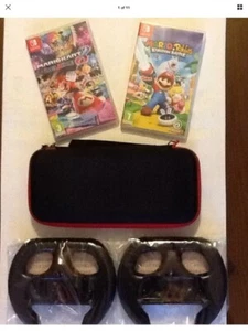 Nintendo Switch Games (Mario Kart 8 Deluxe2 wheels & Switch Case & Mario Rabbids - Picture 1 of 12