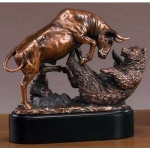 Bronze Electroplated Resin Bull & Bear Sculpture Statue 10" W X 9.5" H