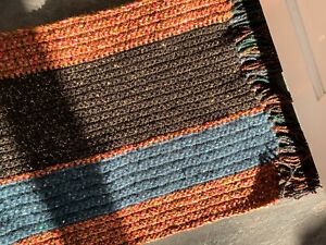 Hand Knitted Crochet Rug Wool Mix Yarns Black/ Teal Blue Shiny/ Burgundy Tassel