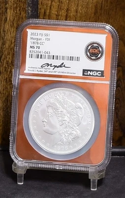 2023 Fiji Silver $1 Morgan -FDI 1878 CC NGC MS 70 David Ryder Signed Coin - Image 1 of 4