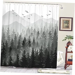 Black and White Misty Forest Shower Curtain Ombre Dark Gray Mountain Pine - Imagen 1 de 8