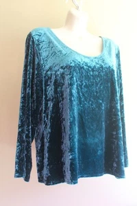 Eileen Fisher T Shirt Womens L Teal Crushed Velvet Knit Silk Rayon Scoop Neck LS - Picture 1 of 5