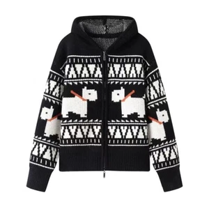 2025 Frühling und Herbst, Mosaic Terrier, Kapuzen Strick Cardigan Pullover in schwarz - Bild 1 von 5
