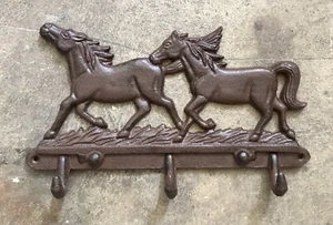 Cast Iron Wild Stallion Horses Brown Coat Rack Holder - Picture 1 of 1