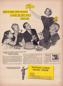 Western Union Money Order Family Birthday Party Cake Vintage Print Ad 1947 - Picture 1 of 4