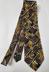 Ermenegildo Zegna Mens Silk Necktie Italy Geometric Brown Black Gold EUC