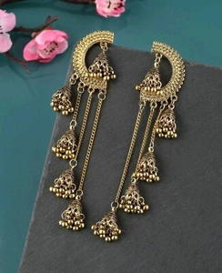 New Indian Pakistani Bollywood Bridal Gold Dangle Jhumka Earrings Bali Jhumki UK - Picture 1 of 3