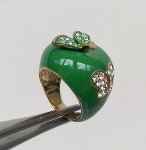 Green Apple Ring with Rhinestones Green Colored Enamel Ring Size 8 - Picture 1 of 24