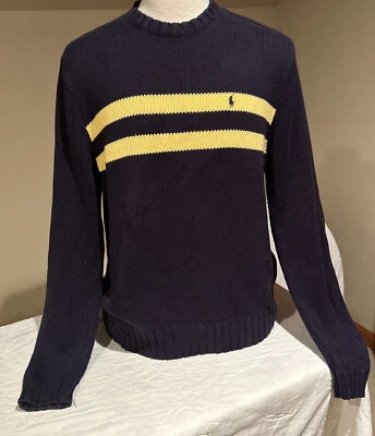 Polo Sport от Ralph Lauren синий свитер с желтыми полосками взрослый размер большой - Изображение 1 из 4