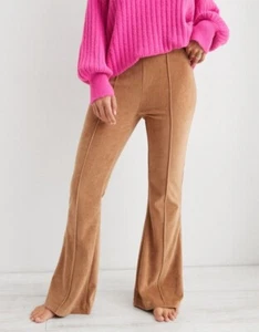 AERIE Groove On Velour Ribbed Flare Pants Size XS High Rise Camel Brown Tan - Picture 1 of 3