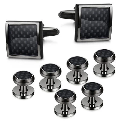 8pcs Men Carbon Fiber Tuxedo Cufflinks Shirt Wedding Buttons Cuff Links Stud Set - Image 1 of 4