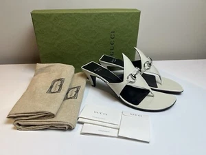Gucci Mariame 55mm Horsebit White Leather Thong Heel Sandals Size 39/9 NIB $890 - Picture 1 of 9