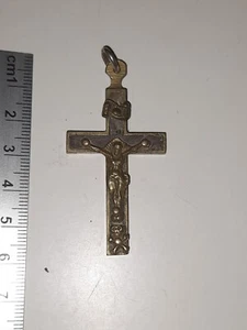 Croix religieuse Bois et Laiton avec tête de Mort - Pendentif Ancien - Pectoral - Bild 1 von 2
