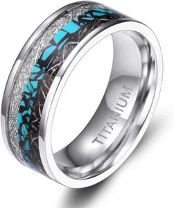 Ebay Wedding Rings For Men. 8mm Steel Band w Turquoise & Duo Meteorite Inlay - Picture 1 of 6