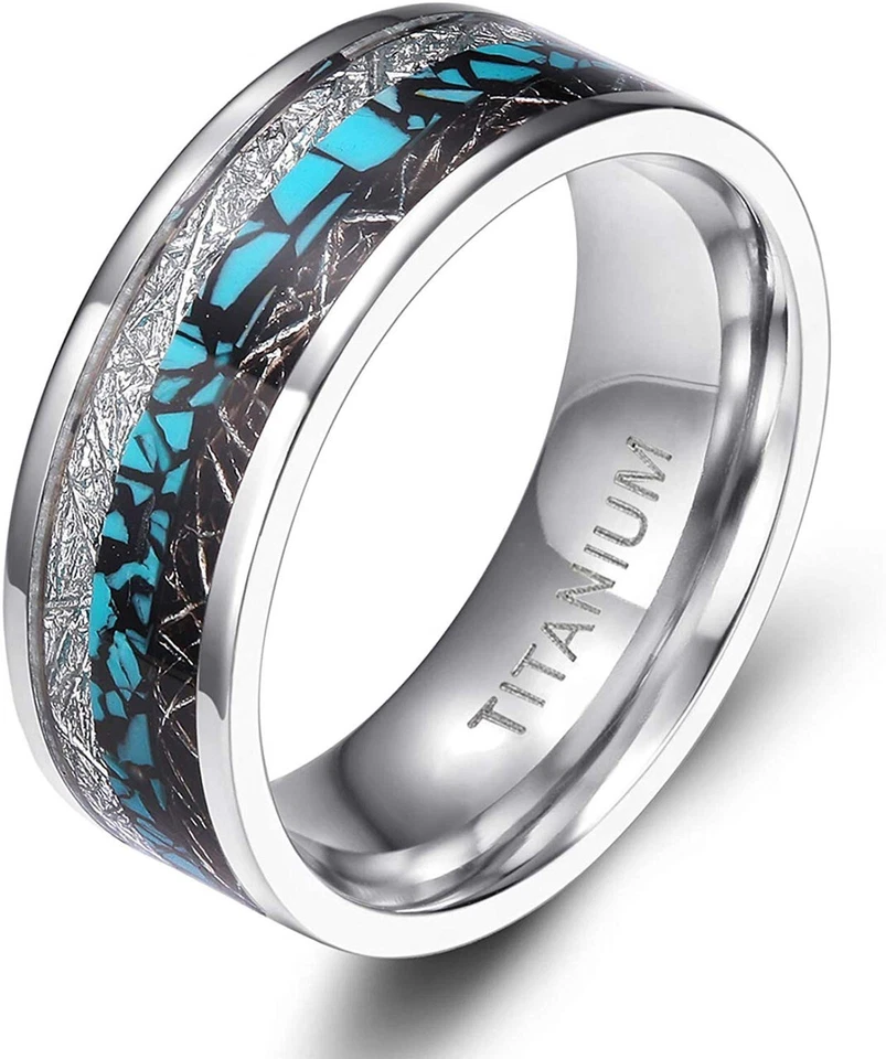 Ebay Wedding Rings For Men. 8mm Steel Band w Turquoise & Duo Meteorite Inlay - Image 1 of 4