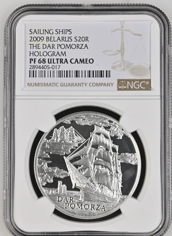 20 ROUBLES 2009 BELARUS THE DAR POMORZA HOLOGRAM SILVER PROOF NGC PF68 Cover