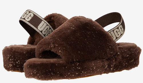 Ciabatte donna Fluff Yeah scintillanti metallizzate nuove con scatola UGG in cedro bruciato