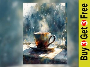 Steaming Coffee Cup 5"x7" Print on Matte Paper | Moody Morning Kitchen Decor - Picture 1 of 18