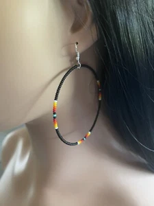 1 Pair 2.5” Native American Style Black Beaded Hoop Earrings - Picture 1 of 2