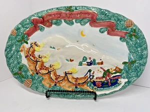Plato de servir de Navidad de cerámica esmaltada WCL vintage 3D Santa y trineo 16" ovalado - Imagen 1 de 8