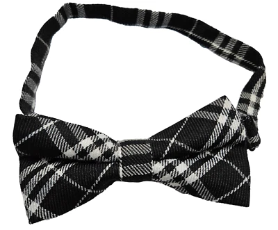 Men's PreTied Double Layer Adjustable Black White Tartan Print Dickie Bow Tie - Image 1 of 4