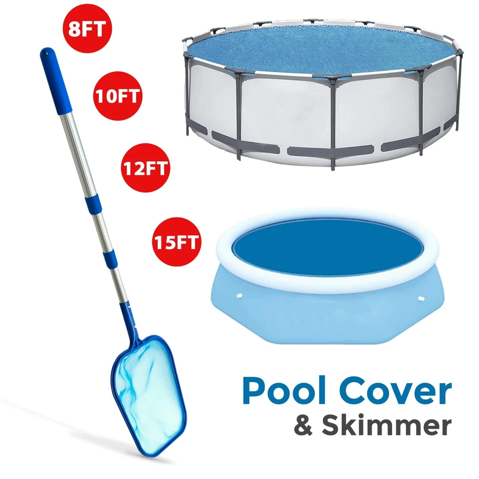 Solar Swimming Pool Cover + Flat Pool Leaf Debris Skimmer for 8/10/12/15 FT Pool - Image 1 of 1