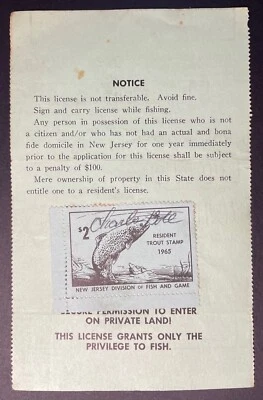 New Jersey 1965 Resident Fishing License #39916 - used - w/Trout Stamp - NJ - Image 1 of 2