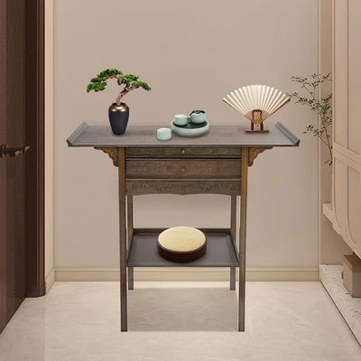 Mesa de altar marrón de 2 niveles con 2 cajones mesa de altar retro con almacenamiento Foto 1 de 4