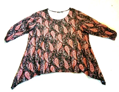 Womens Top-ELEMENTZ-black/maroon/silver paisley knit BOHO asymmetric 3/4 slv-3X - Image 1 of 4