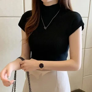 Top corto de punto de cuello falso de manga corta para mujer suéteres prendas de punto conjunto de verano - Imagen 1 de 25
