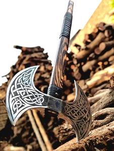 Double Headed Viking Axe Hand Forged Steel, Ash Wood Shaft Two Faced Battle Axe - Picture 1 of 8