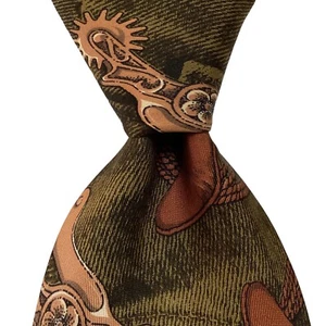 HUGO BOSS Men's Silk Necktie ITALY Designer EQUESTRIAN COWBOY Green/Brown EUC - Picture 1 of 3
