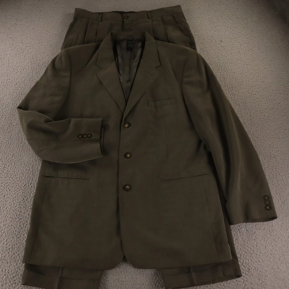 Claiborne Suit L Beige Brown Micro Check Pleated Cuffed 44R 36x30 - Image 1 of 4