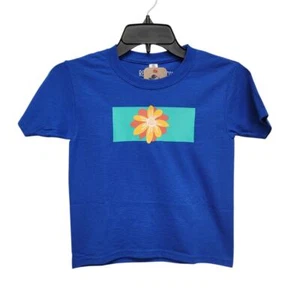 New Hand Printed Upcycled Kids XS Colorblock Flower Short Sleeve PolyCotton Tee - Picture 1 of 4