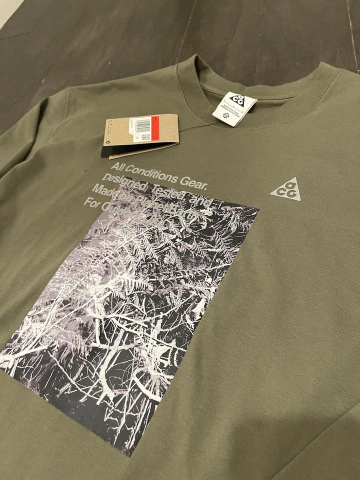 Nike ACG Long Sleeve Shirt Olive Green Mens Size Large FN7318-222 Reflective