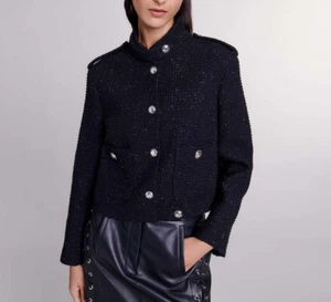 Maje Short Tweed Jacket Womens 40 (US L) Black Noir Military Button Metallic NEW - Picture 1 of 21