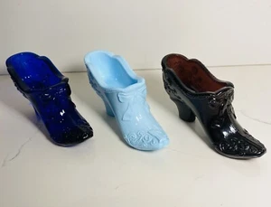 Purple Amethyst , Baby blue & Cobalt Blue Glass Flower Bow Moser Glass Shoe Set - Picture 1 of 8
