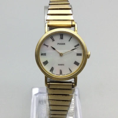 复古 Pulsar 手表女式 25 毫米 V400-0170 金色拖把弹力表带全新电池 — 第 1/4 张图片