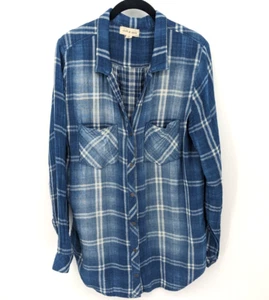 Cloth & Stone Shirt Womens XL Blue Chambray Plaid Gauzy Cotton Button Up Top - Picture 1 of 11